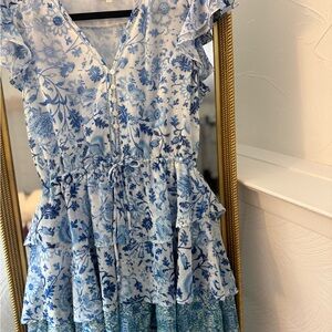 Olivaceous Blue Floral Tiered Dress with Ruffle Sleeves